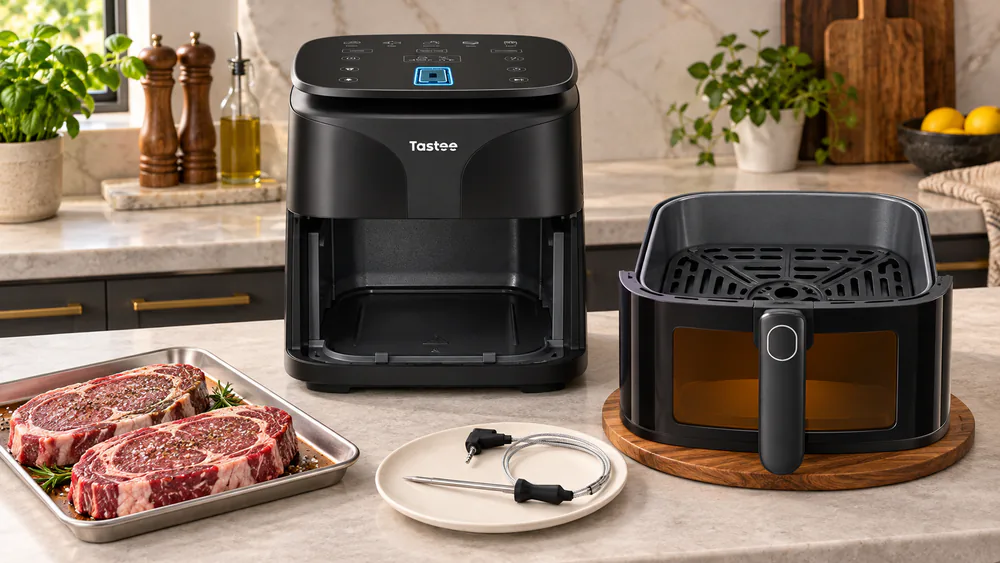 Tastee Ceramic Coated air fryer on a family kitchen counter with the probe, basket, and a tray of raw steaks beside it