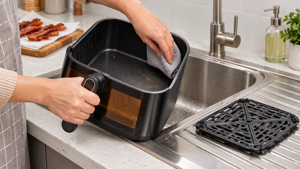 The Tastee ceramic basket held over a sink after a bacon cook, grease wiped away with a single pass