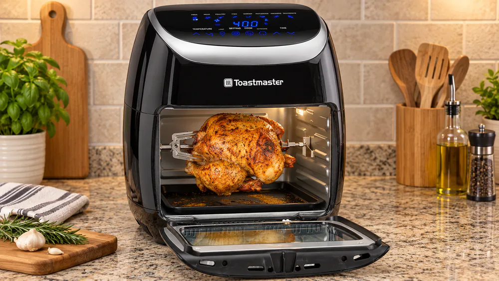A whole roast chicken turning on the spit inside the Toastmaster 11.6 qt rotisserie air fryer with its drip tray below