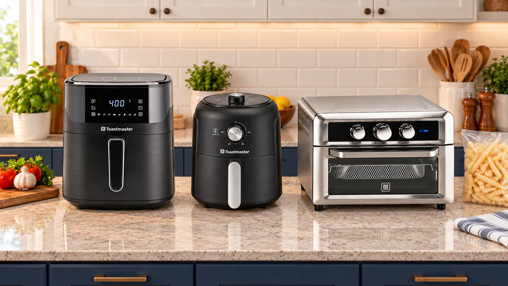 Several Toastmaster air fryers in different sizes lined up on a family kitchen counter beside a cutting board and a bag of frozen fries