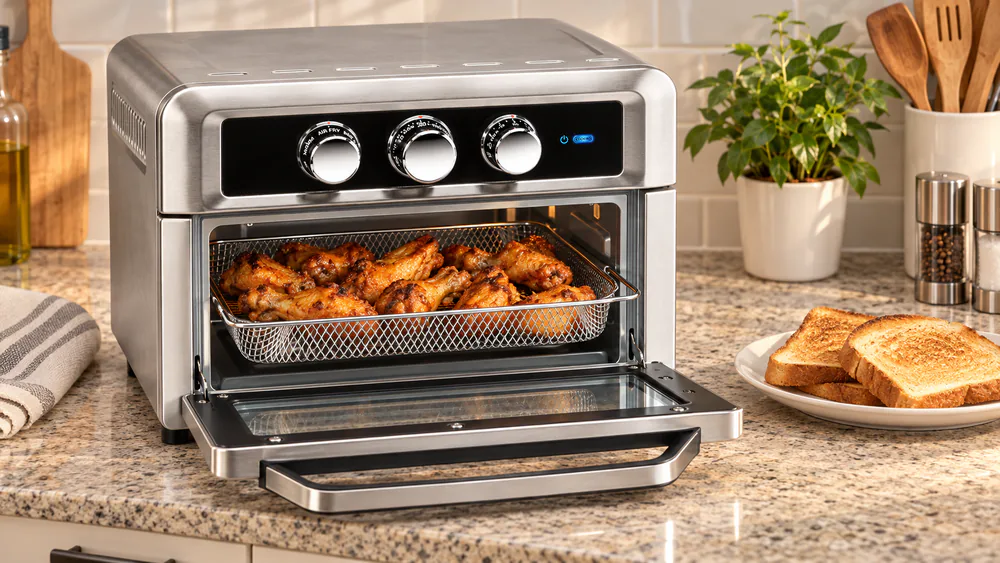 The Toastmaster TM-220AFO toaster oven open with a tray of air-fried wings on the rack and slices of toast on the counter beside it