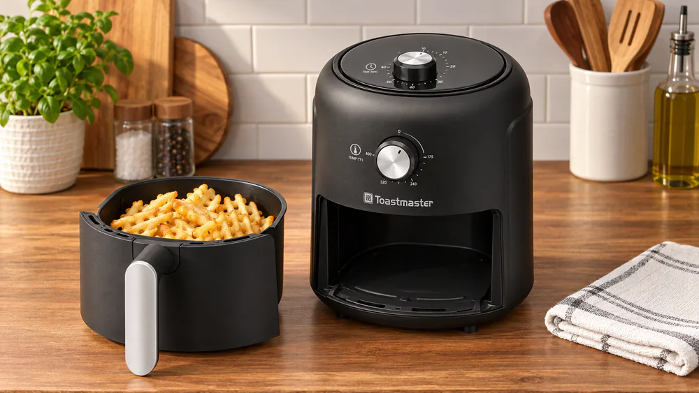 The Toastmaster TM-262AF 2.6 qt slide-out basket holding golden fries on a small kitchen counter next to a dish towel