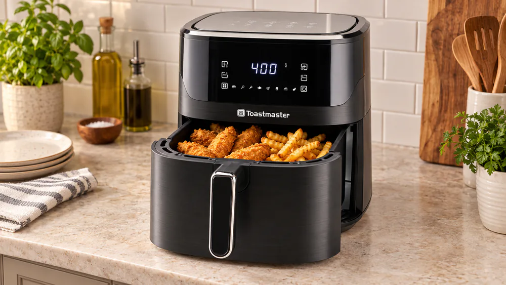 The Toastmaster TM-704AF 7.5 qt basket pulled open on a kitchen counter, full of crispy chicken tenders and fries for a family of five