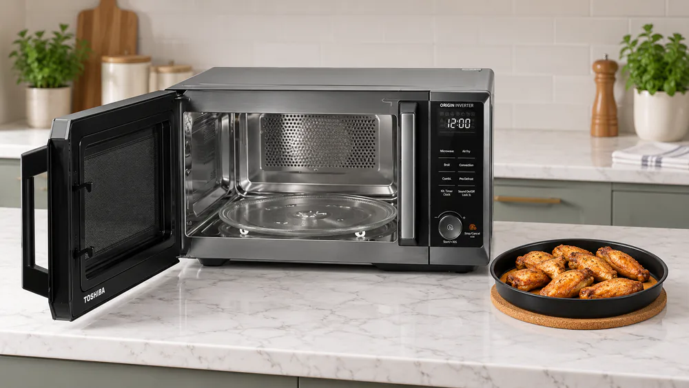 Crisp air-fried chicken wings on the Toshiba MASTER bake tray beside the open microwave door