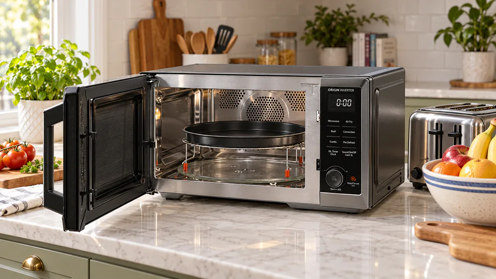 A Toshiba microwave air fryer combo on a busy family kitchen counter beside a toaster and a fruit bowl, door open with a bake tray inside