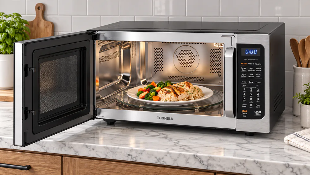 A full dinner plate on the 13.6-inch turntable of the Toshiba ML-EC42P with the door open