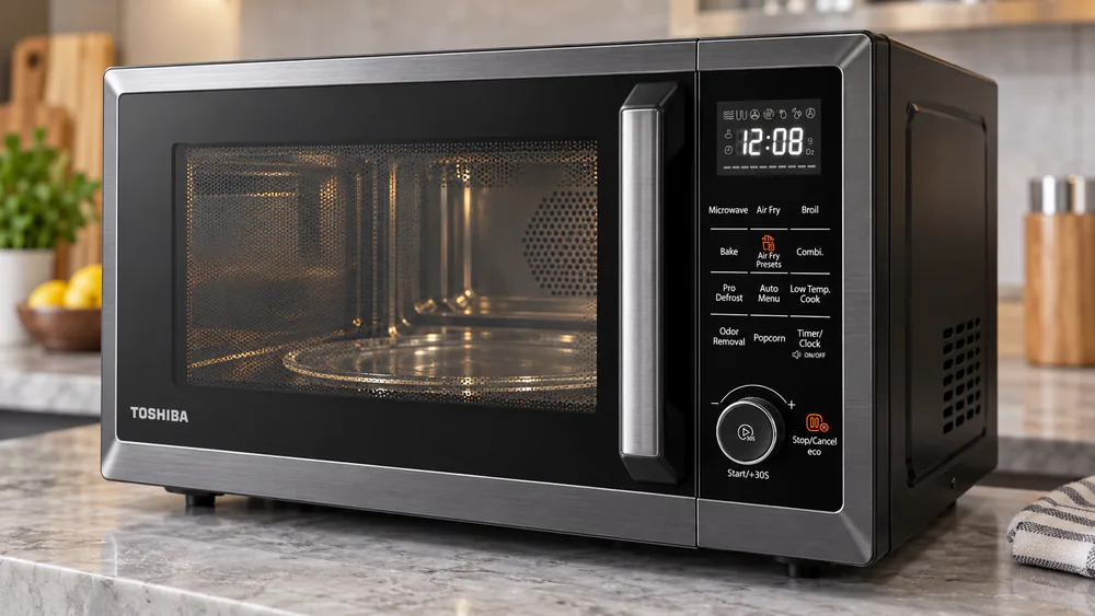 Close-up of the rotary dial and display on the Toshiba ML2-EC10SA 8-in-1 microwave