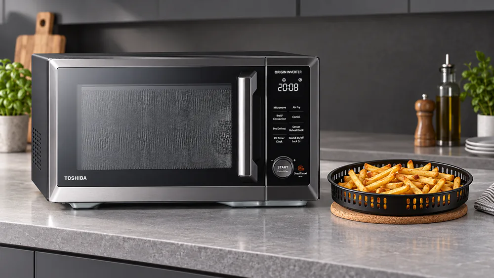 The Toshiba OptiChef 7-in-1 air fry basket holding golden fries on the counter beside the microwave