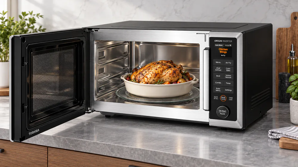 The Toshiba OptiChef PRO MAX with a roasted whole chicken on the turntable and its color screen lit