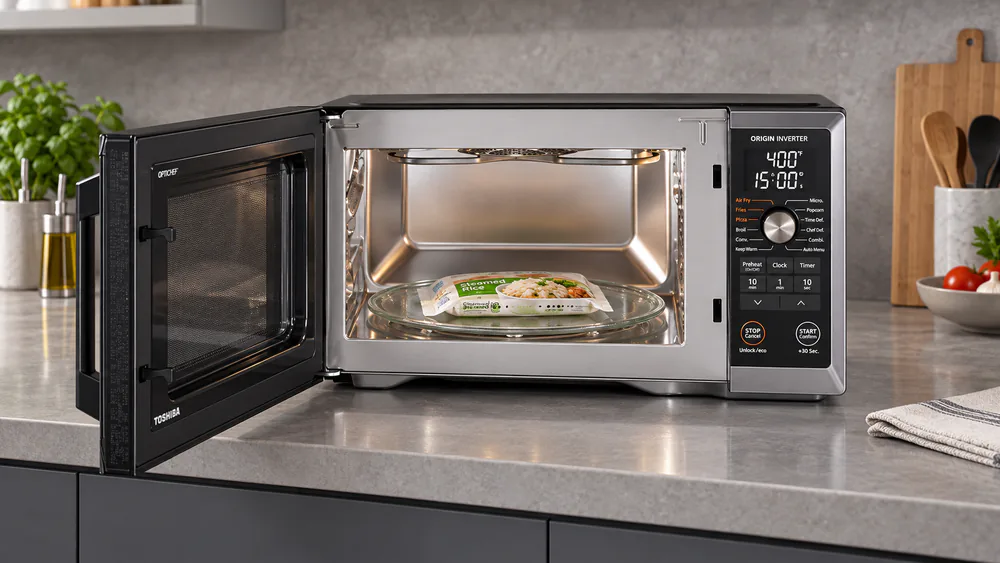 A pouch of microwave rice lying flat inside the cramped cavity of the Toshiba OptiChef Pro with the door open