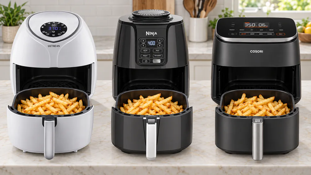 An Ultrean, a Ninja and a COSORI air fryer side by side on a kitchen counter with baskets of fries in front of each