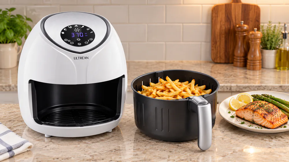 The Ultrean 6 Quart air fryer basket pulled open on a kitchen counter showing golden crisp fries and a salmon fillet beside it
