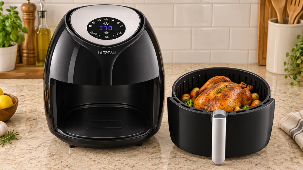 A whole roast chicken sitting in the open Ultrean 8.5 Quart basket with plenty of room left around it