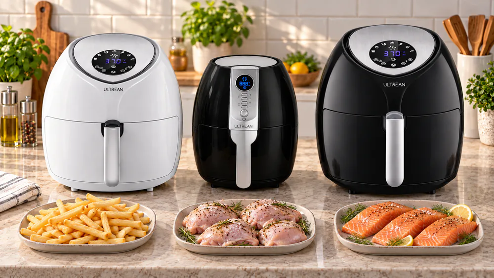 Several Ultrean air fryers in different sizes lined up on a family kitchen counter next to trays of frozen fries, chicken thighs and salmon fillets