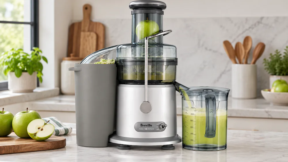 The Breville JE98XL centrifugal juicer mid-run on a counter with a whole apple at the 3-inch feed chute, the 35.2-ounce juice jug filling and the clear pulp container collecting wet pulp.
