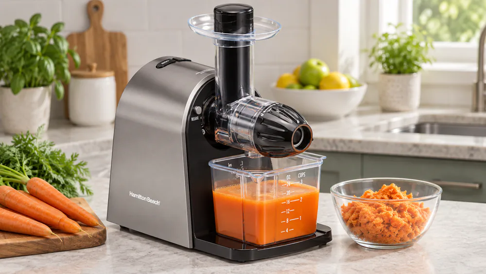 The Hamilton Beach 67951 masticating juicer on a kitchen counter with its clear 24-ounce juice cup and froth separator in place, a bowl of juiced carrots and dry-ish pulp beside it.