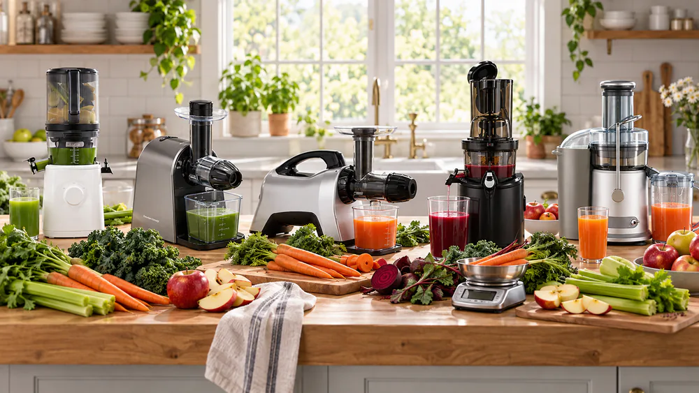 Our test kitchen juicer station with pounds of carrots, kale, celery, and apples lined up beside five juicers, a kitchen scale and measuring cups at the front of the counter.