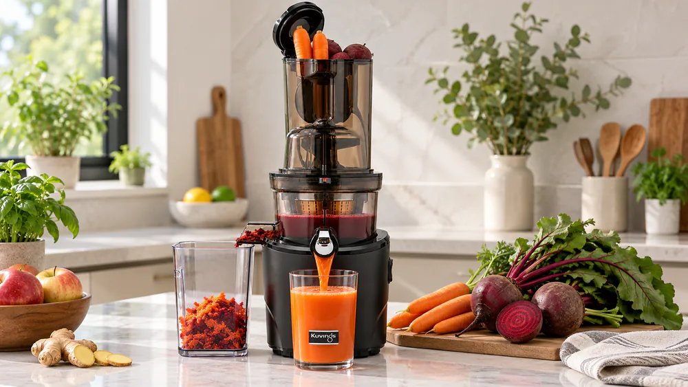 A Kuvings REVO830 with whole carrots and beets standing by the wide 88mm feed chute on a kitchen counter, a glass of orange carrot juice in front of the pulp container.