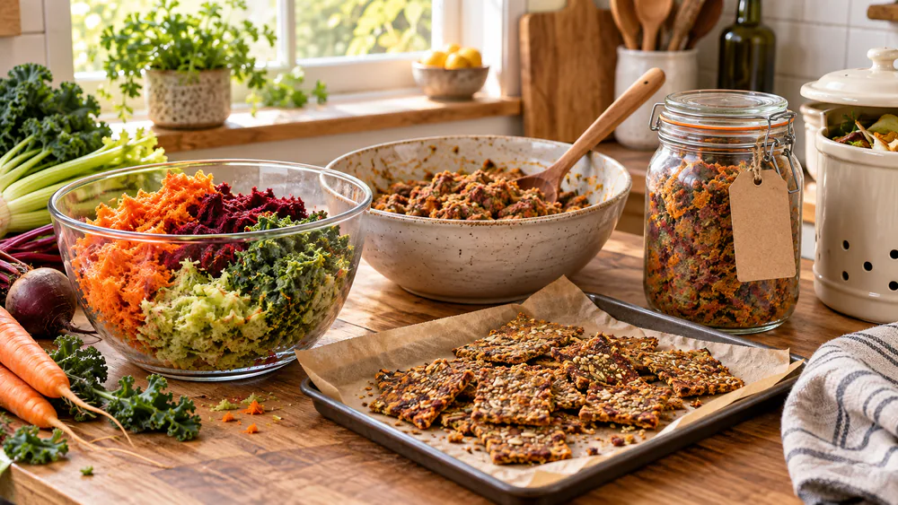 A bowl of leftover dry vegetable pulp from juicing on a kitchen counter, a loaf of pulp-enriched bread on a cooling rack behind it.