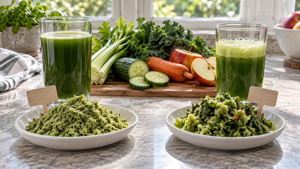 Side by side pulp from a masticating and a centrifugal juicer on parchment paper on a counter, the masticating pulp dry and crumbly, the centrifugal pulp wet and clumped.