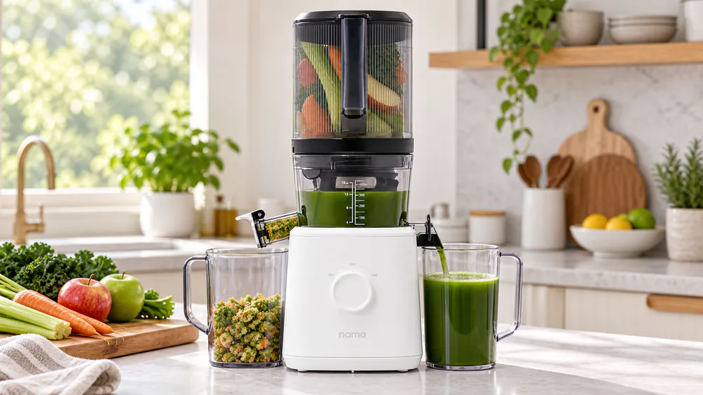 The Nama J2 self-feeding hopper loaded with carrots and leafy greens, a glass of green juice and dry crumbly pulp beside it.