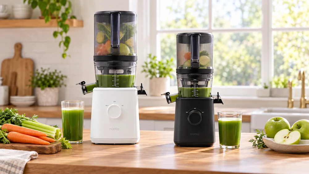 The compact Nama J3 standing next to the larger Nama J2 on a kitchen counter, showing the size difference between the two hands-free hopper juicers.