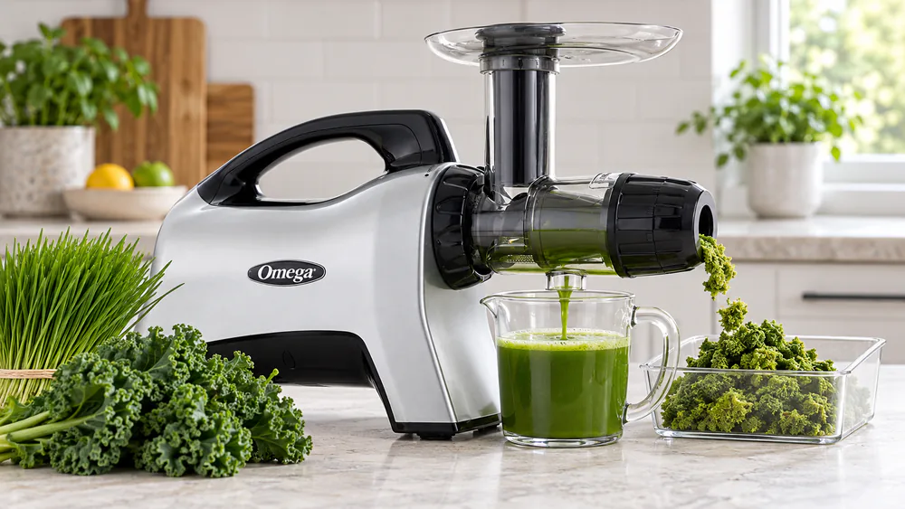 The Omega NC1000HDS horizontal masticating juicer on a counter with a bundle of wheatgrass and a pile of kale beside it, the juice pitcher in place and pulp collecting in the front tray.