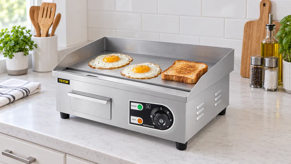 A compact VEVOR 14-inch electric griddle on a small kitchen counter with two fried eggs and a slice of toast