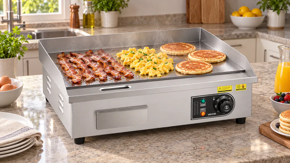 A VEVOR 21-inch electric griddle with bacon, scrambled eggs, and pancakes cooking side by side on a home kitchen counter