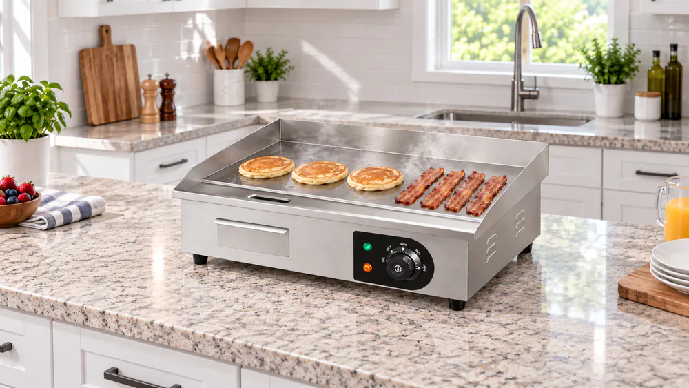 A VEVOR 22-inch electric griddle on a family kitchen counter with a row of pancakes and strips of bacon cooking on the iron plate