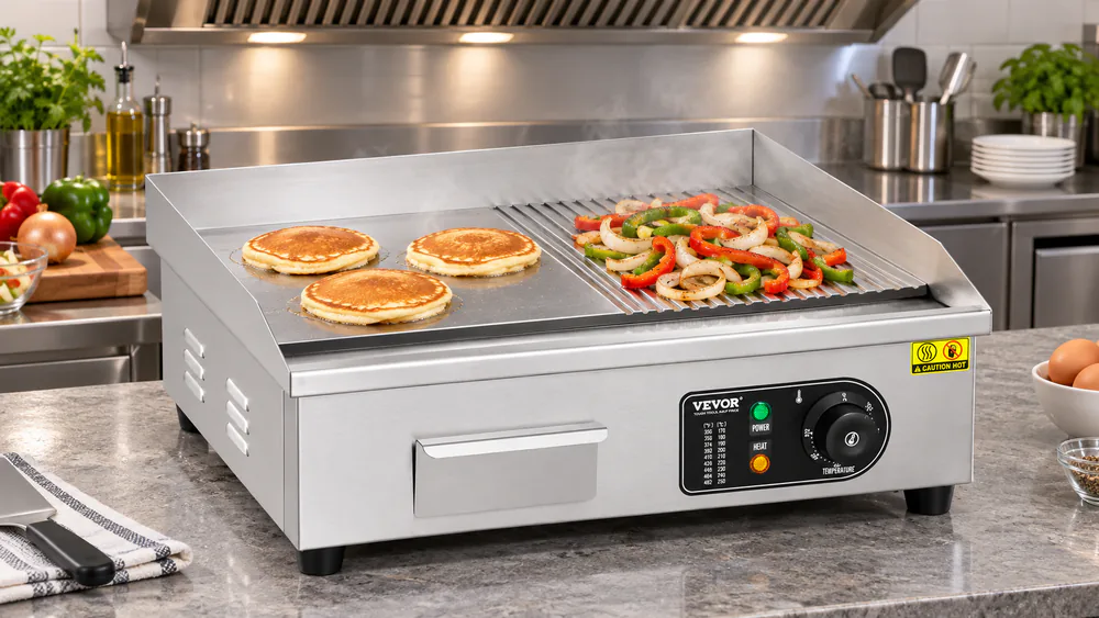 A VEVOR 22-inch half-flat-top electric griddle with pancakes on the flat side and sliced onions and peppers on the other zone