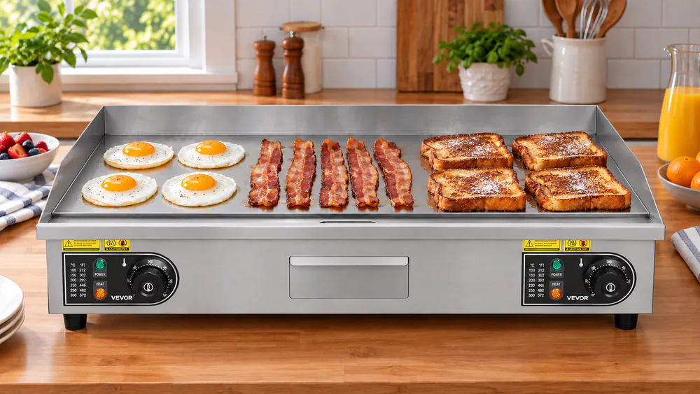 A large VEVOR 30-inch stainless electric griddle on a counter loaded with a full family breakfast of eggs, bacon, and French toast