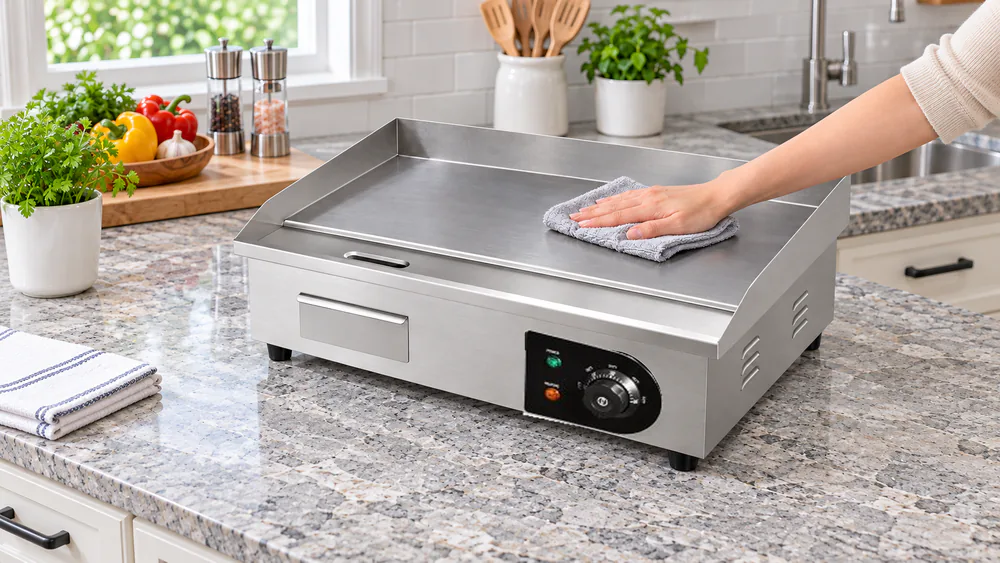 A cool unplugged VEVOR EG-818US griddle resting on a counter while its fixed iron cooking plate is wiped with a damp cloth before first use
