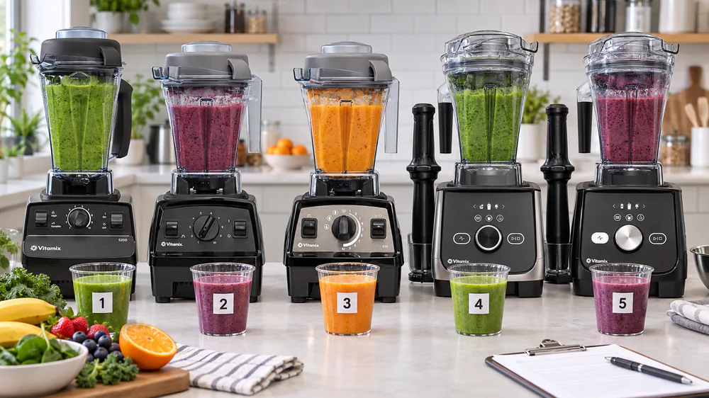 Our test kitchen counter with several Vitamix blenders lined up mid-evaluation, numbered cups of green, berry, and orange smoothies in front of each.