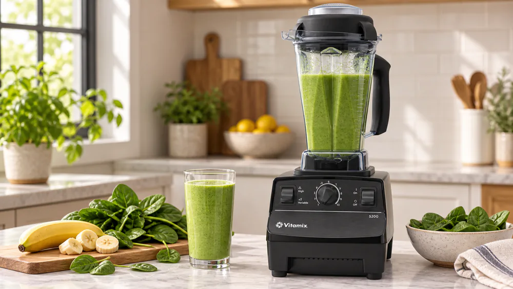 A Vitamix 5200 on a kitchen counter, the tall 64-ounce classic jar filled with a green smoothie, the speed dial set to high.