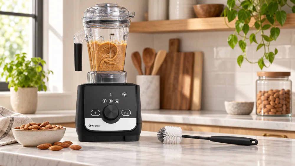 A Vitamix Ascent X3 with the 48-ounce jar holding almond butter, a bottle brush resting on the counter beside it.