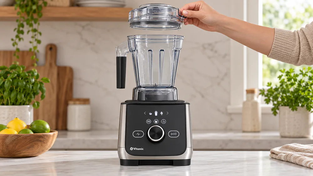 A Vitamix Ascent X4 with the 48-ounce jar, the slide-on hard-plastic lid held above it, the touch panel lit.