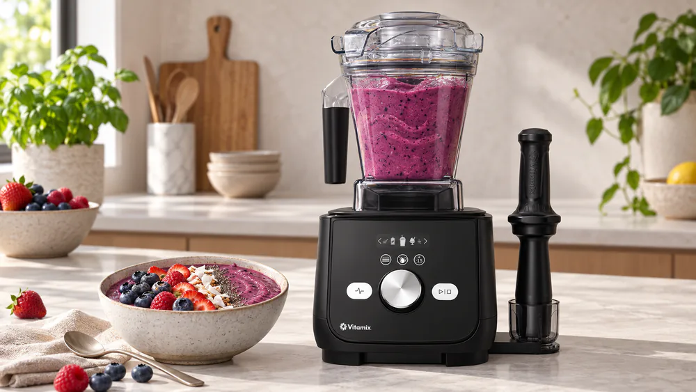 A Vitamix Ascent X5 with the touchscreen glowing, the 48-ounce jar holding a purple smoothie bowl, the low-profile tamper beside it.