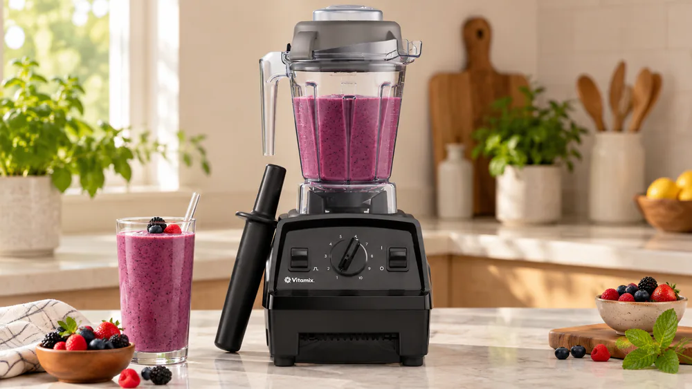 A Vitamix Explorian E310 on a kitchen counter with the 48-ounce jar holding a berry smoothie, the mini tamper leaning against the base.