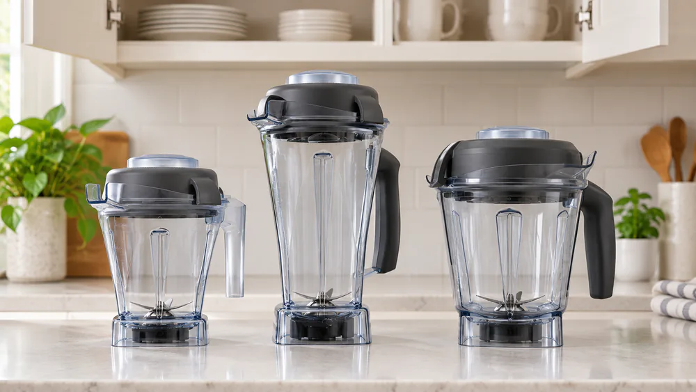 Three Vitamix jars side by side under an open cabinet: a 48-ounce jar, the tall 64-ounce classic jar, and a low-profile 64-ounce jar showing the height difference.