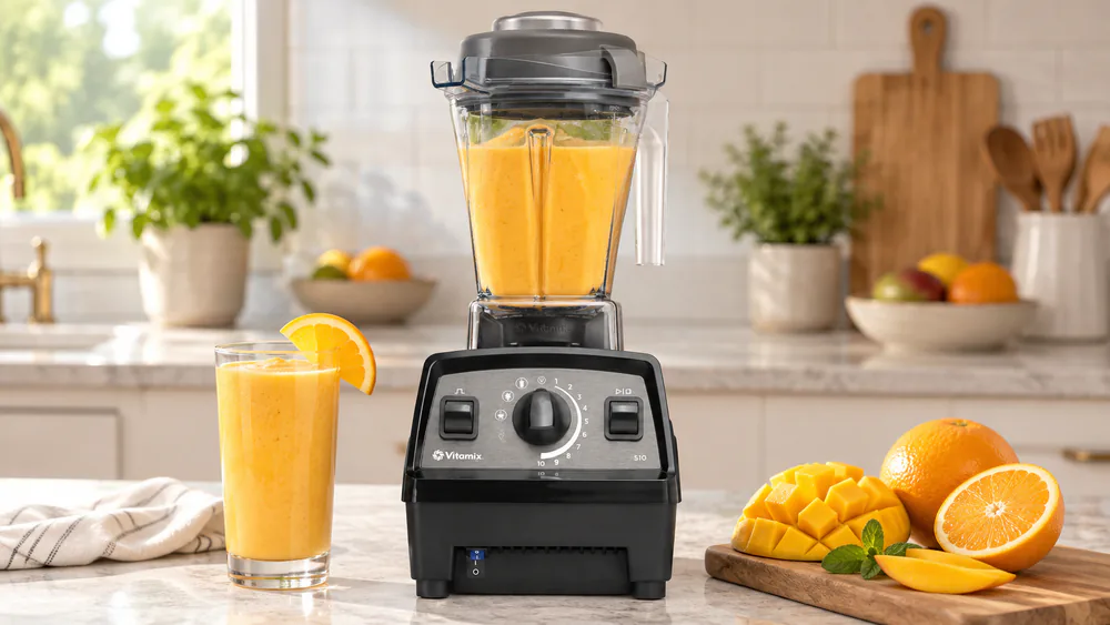 A Vitamix Propel 510 with the 48-ounce jar holding an orange smoothie, the three preset buttons visible on the base.