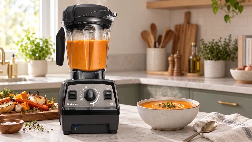 A Vitamix Propel 750 low-profile blender with a bowl of orange soup beside it, steam rising from the 64-ounce jar.
