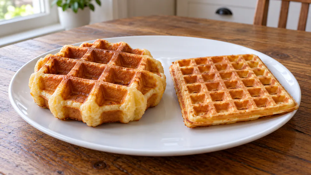 A thick golden-brown Belgian waffle with deep pockets next to a thin classic square waffle on a white plate
