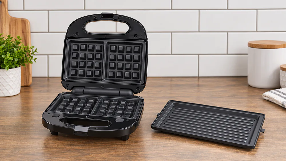 Black+Decker WM2000SD with the waffle plates snapped in and a grill plate set beside it on the counter