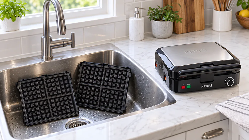 KRUPS GQ502D waffle maker with both nonstick plates lifted out and resting in a kitchen sink, base left dry on the counter