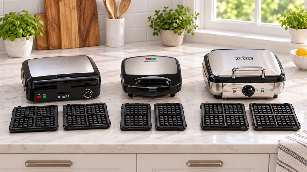 Several waffle makers with their plates lifted out and set beside the bases on a kitchen counter, ready for rinsing