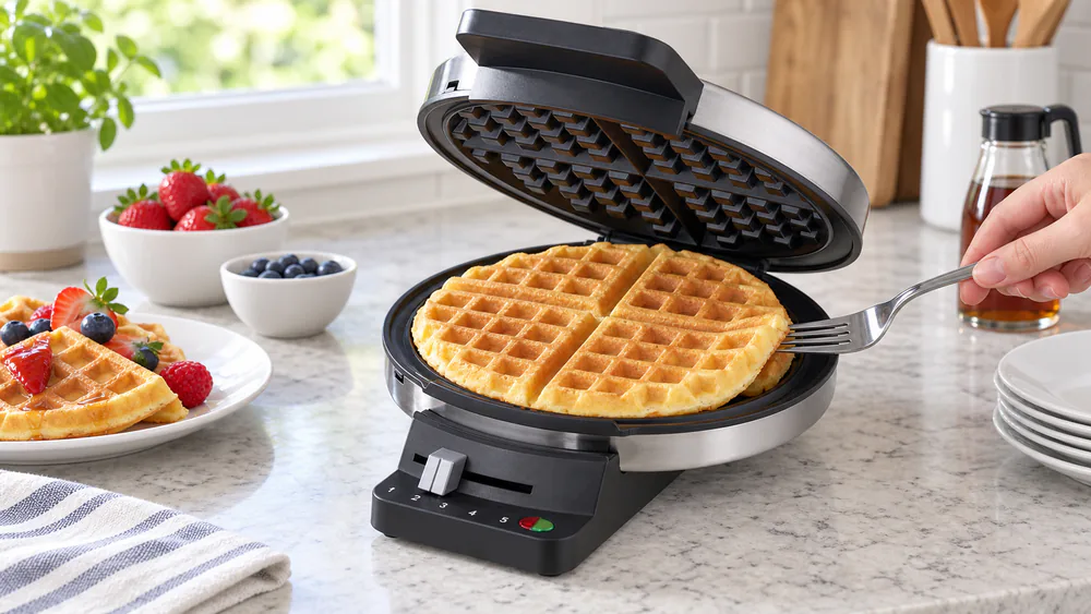 A golden, crisp round waffle being lifted from an open Cuisinart classic waffle maker with a fork.