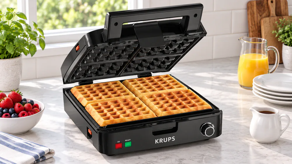 Four deep-pocket square Belgian waffles cooking at once in an open KRUPS four-slice waffle maker.