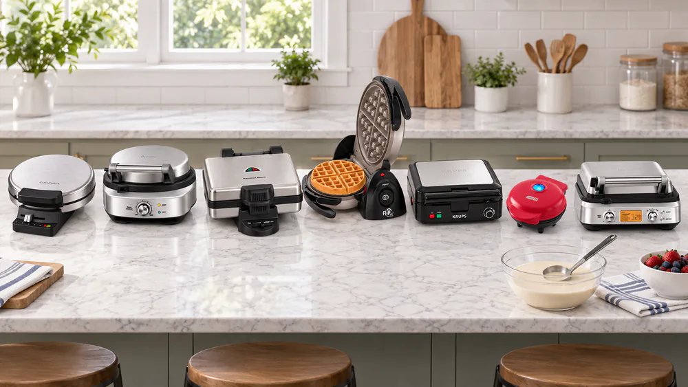 Several electric waffle makers lined up on a kitchen counter mid-test, one open with a golden waffle inside and a bowl of batter beside it.