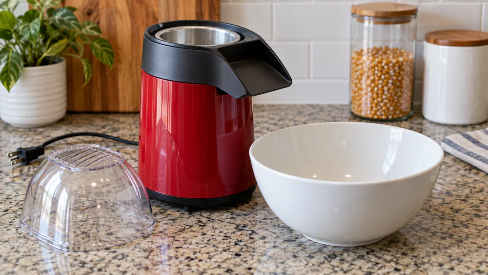 A hot-air popper with its cover removed, chute aimed at a bowl.